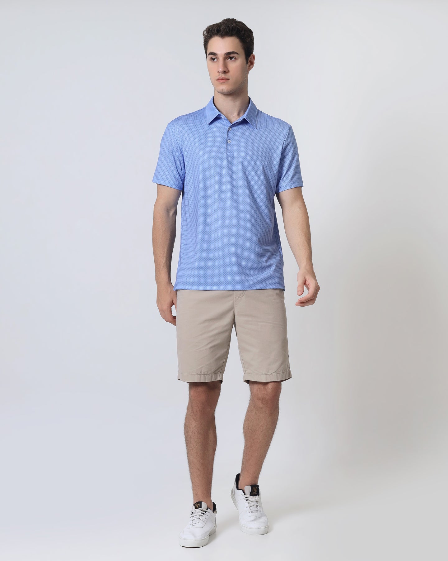 Quieti Performance Regular Fit, French Blue Geo Printed Knit, 3 button Short Sleeve Polo